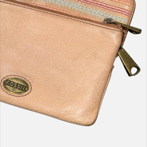 🗝Fossil Explorer Tan Leather Front Colored Stitch Accent Clutch Wallet YKK Zips - Picture 8 of 14